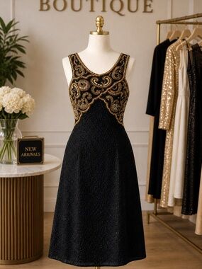 Laurence Kazar Black & Gold Beaded Midi Dress